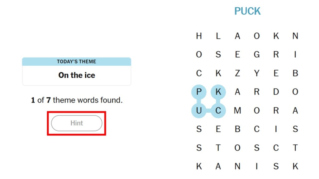 NYT Strands Hint Button Highlighted in screenshot