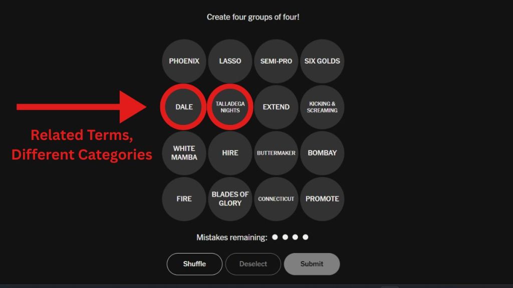 Related Words from Different Categories in Sports Connections