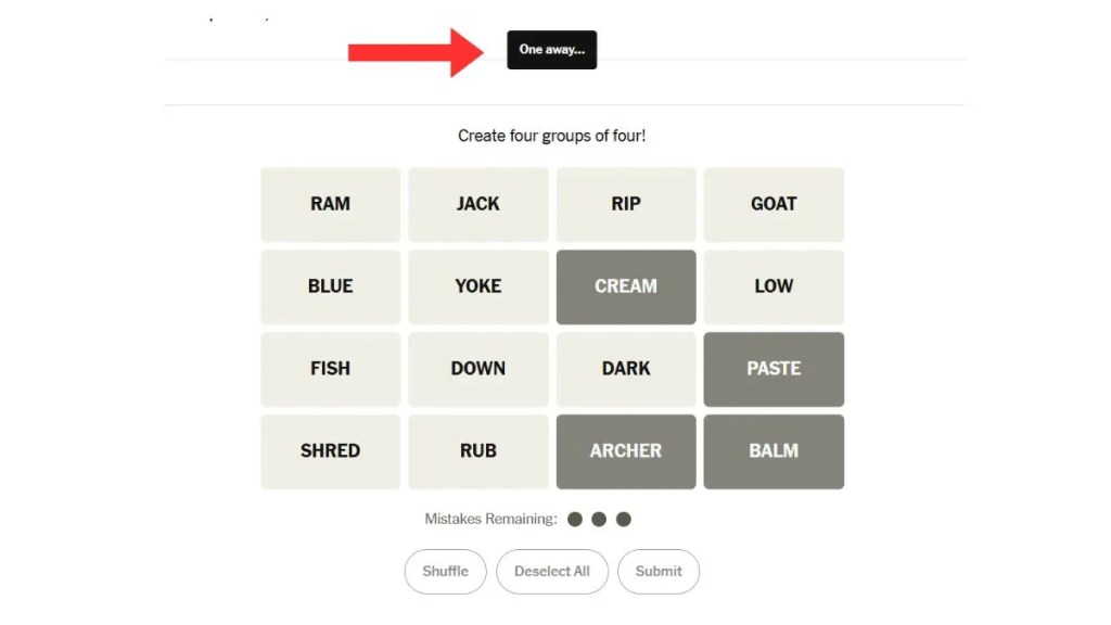 NYT Connections One Away Message