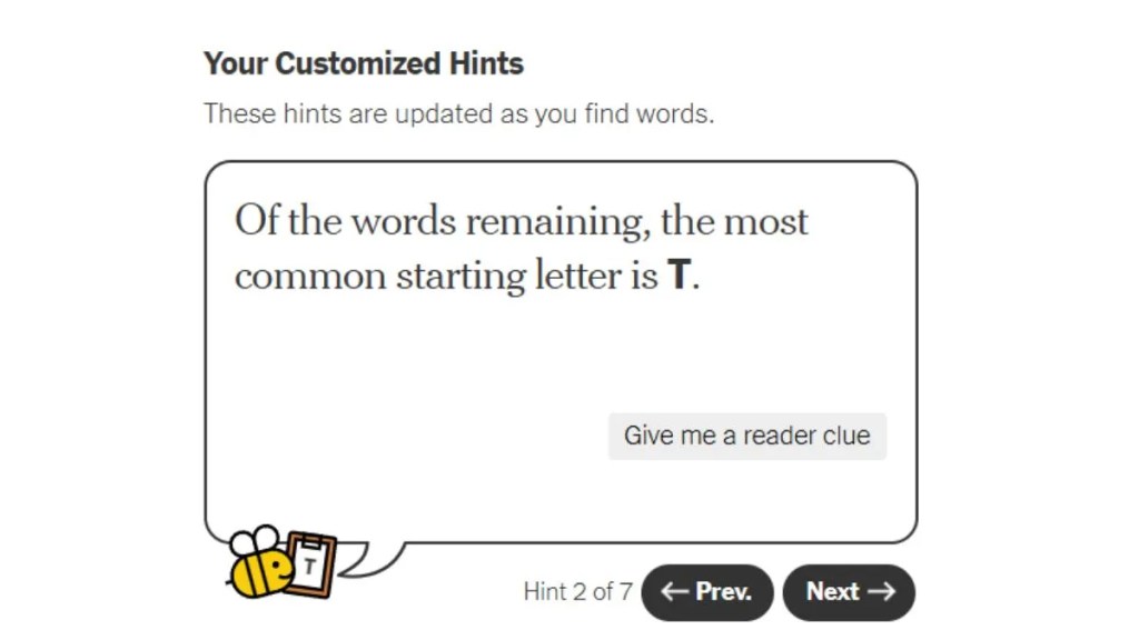 NYT Spelling Bee Buddy customized hint clue reveal interface