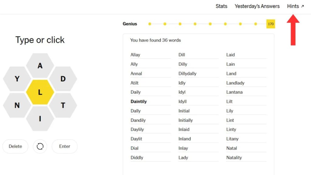 NYT Spelling Bee Buddy hints button location on the game screen