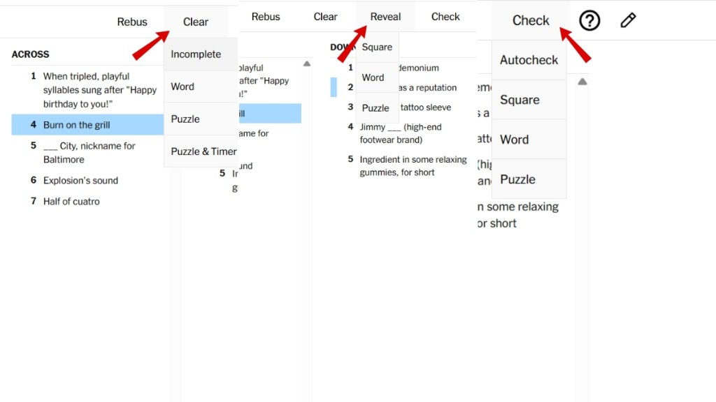 NYT Mini Crossword Clear Check and Reveal options