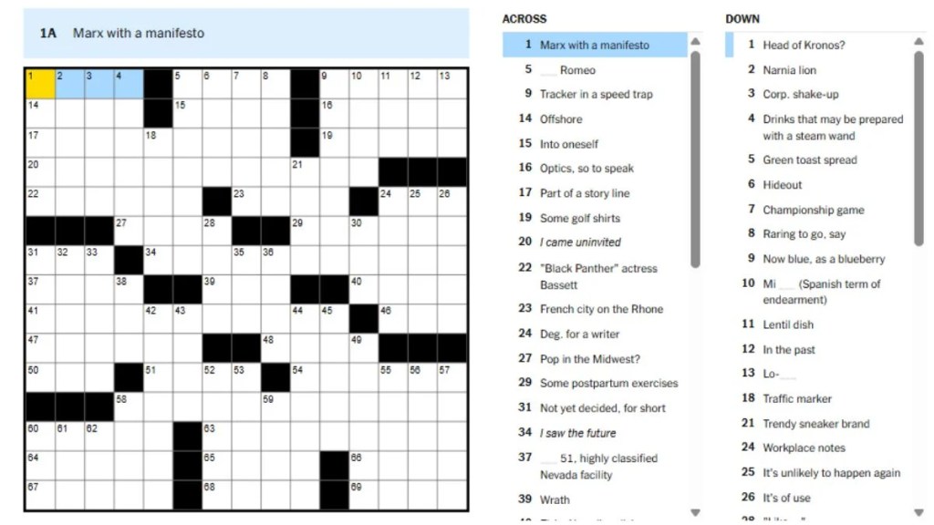 NYT Classic Crossword with across and down clues