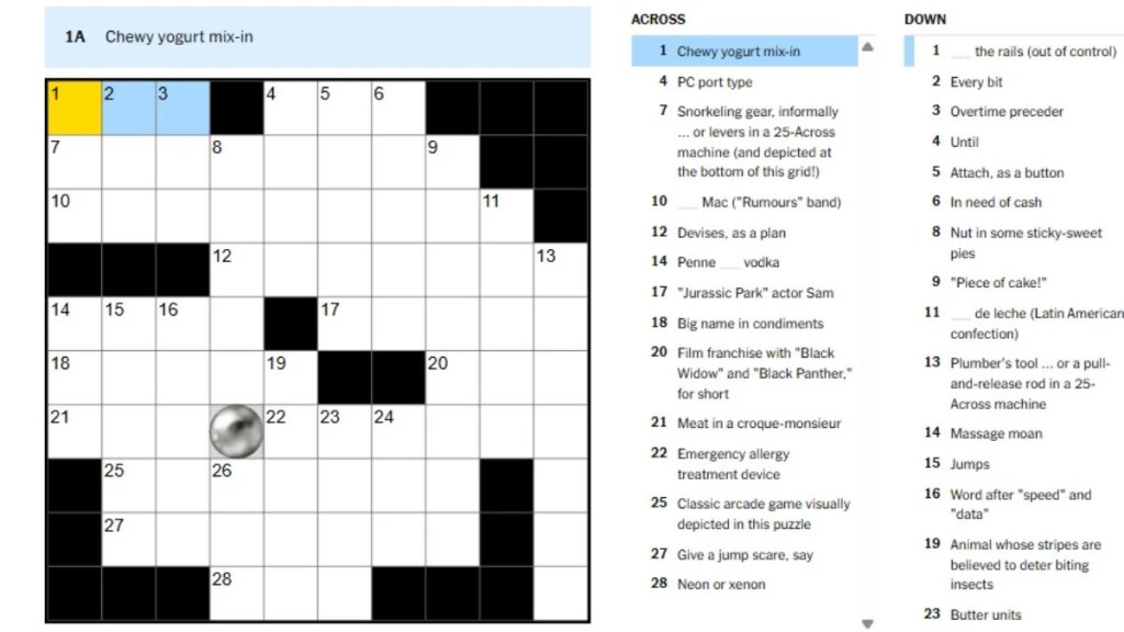 NYT Midi Crossword with Across and Down Hints