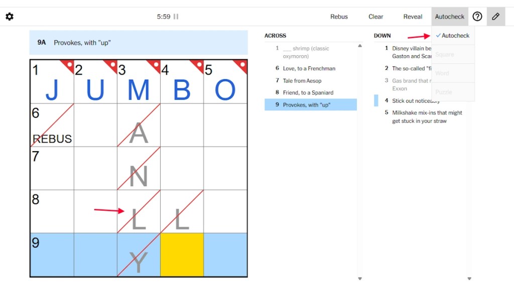 NYT Mini Crosswords autocheck