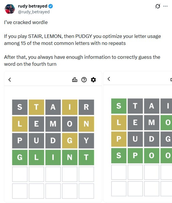 wordle tweet with three opening words method
