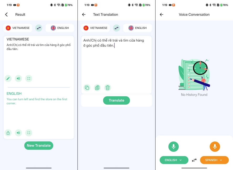 Say Hi Translate App Android Screenshots side by side