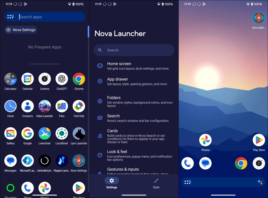 Nova Launcher Android screenshots side by side