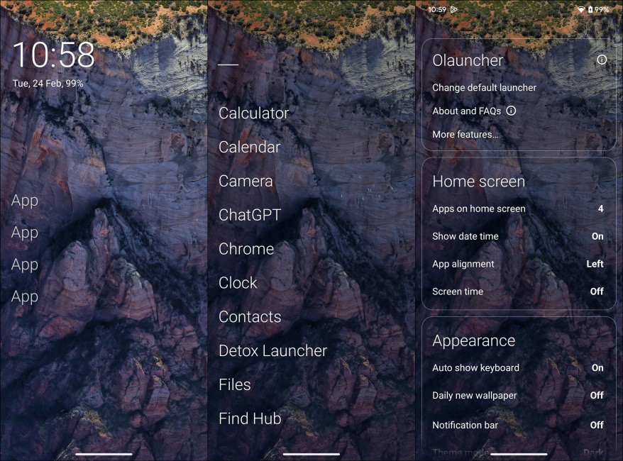 OLauncher screenshots side by side 