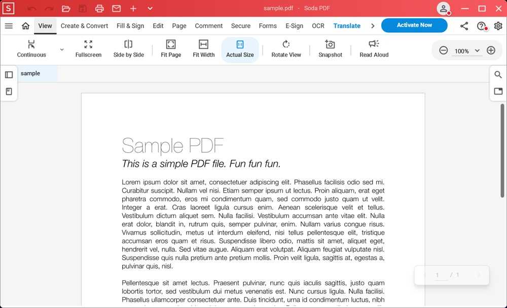 Viewing a sample pdf in Soda PDF 