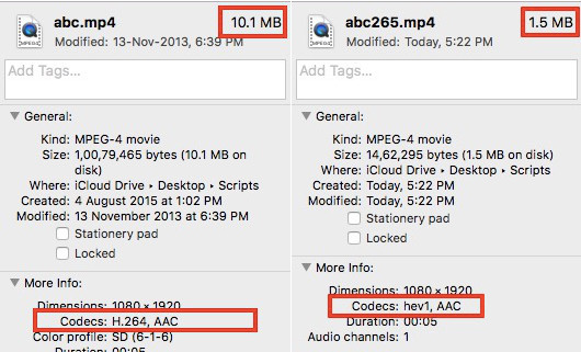 x264 encoded file (Left) vs x265 encoded file
