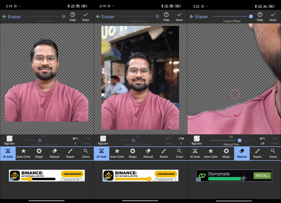 Background Eraser Photo Editing App Screenshots side by side