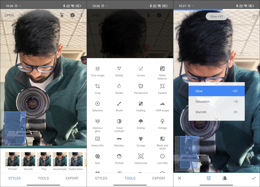 Snapseed Photo Editing App for Android Screenshots side by side