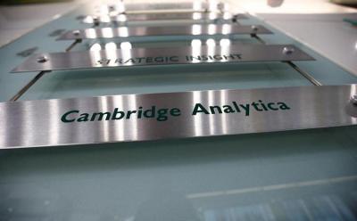 The nameplate of political consultancy, Cambridge Analytica, is seen in central London