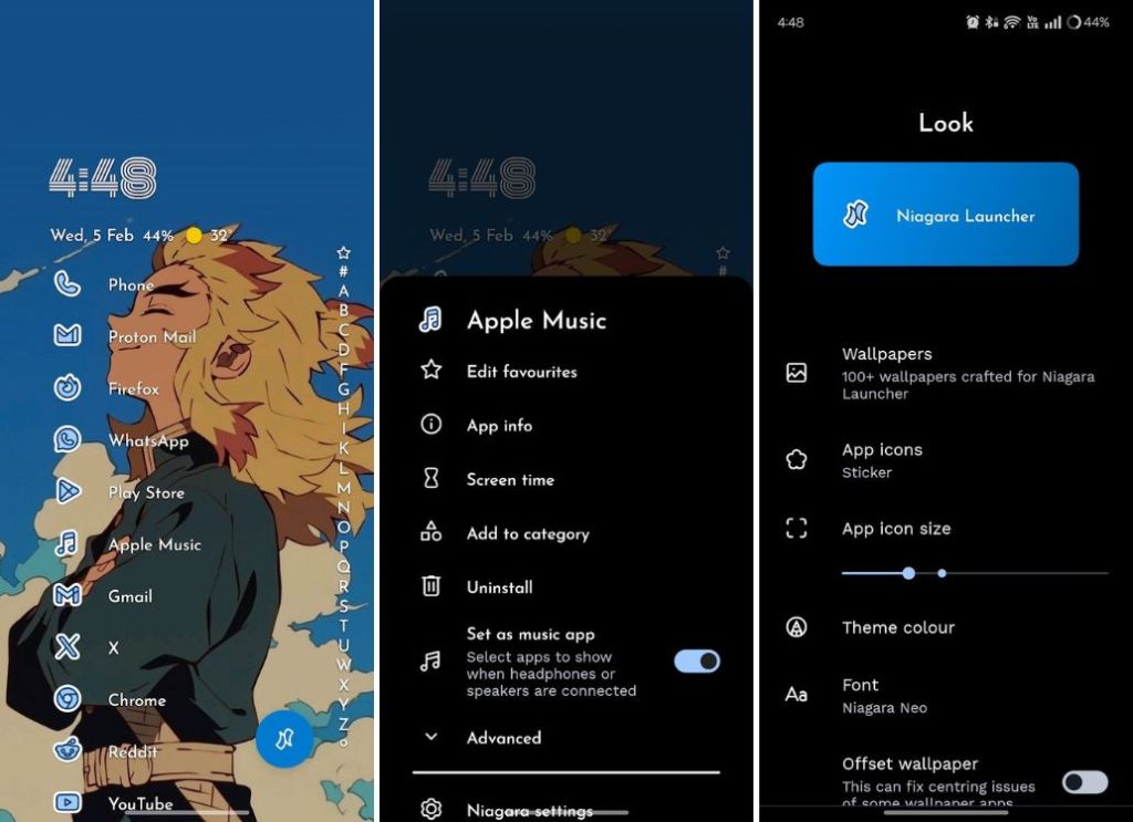 Niagara Launcher home screen with anime wallpaper, app settings and niagara look page