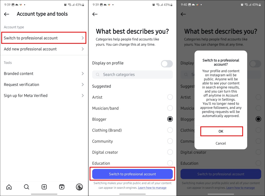 Change account type to professional from personal from Instagram settings
