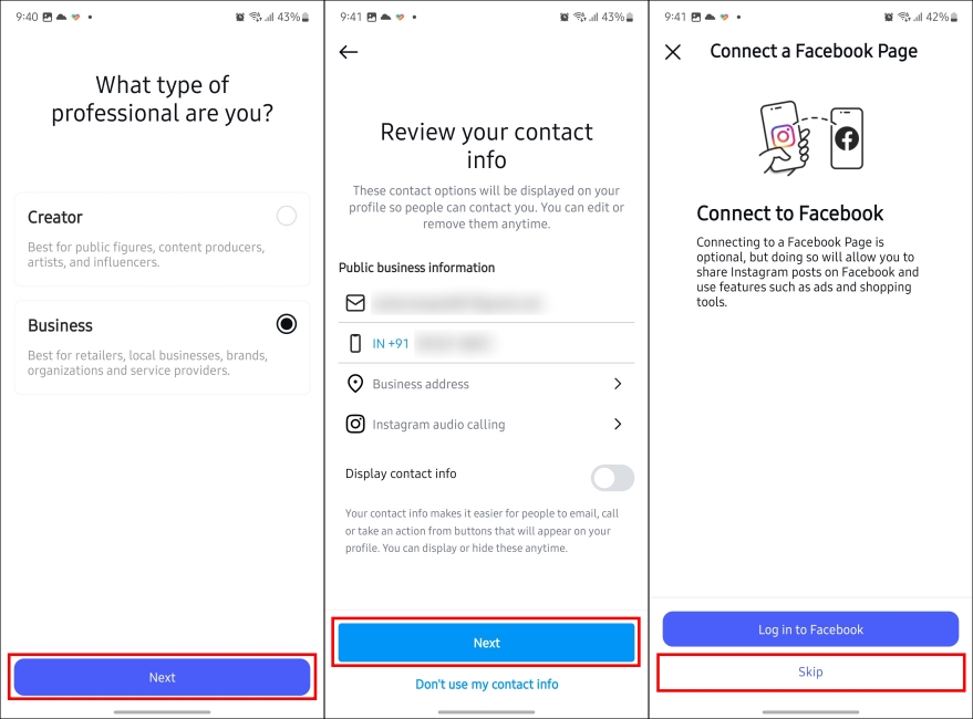 Select account type then add contact info and skip linking to Facebook