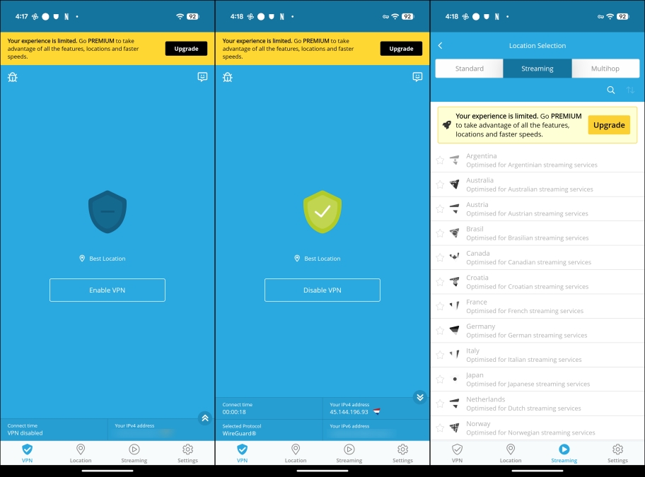 Hide.Me screenshots on Android