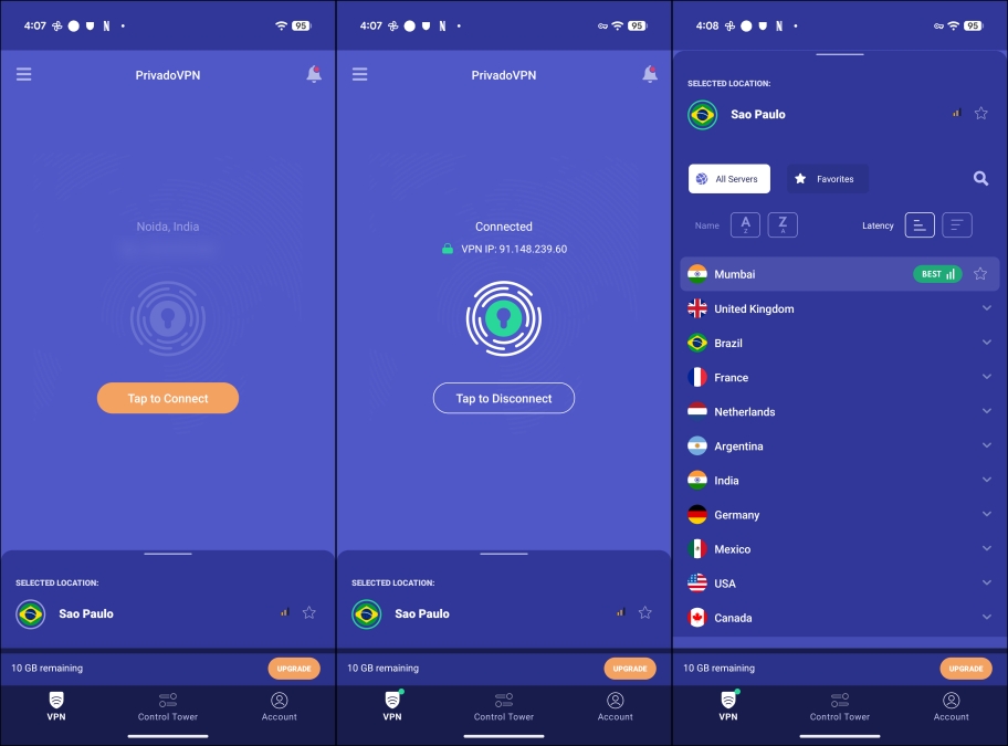 Privado VPN screenshots in Android