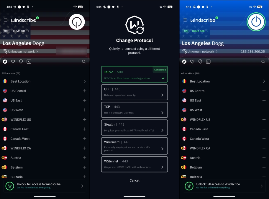Windscribe VPN screenshots on Android