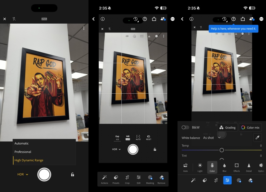 Adobe Lightroom Camera app screenshots side by side