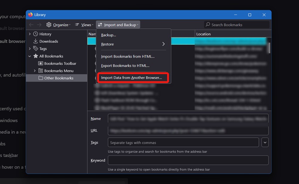 Firefox Bookmarks manager with import and export options
