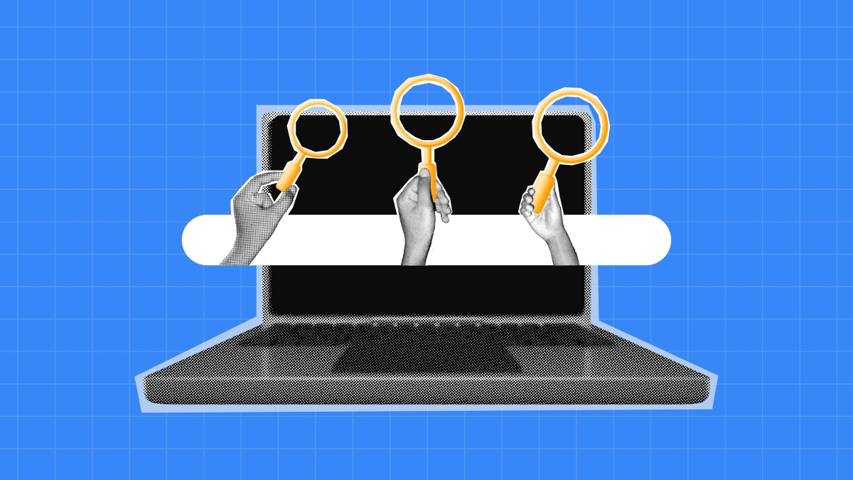 Illustration showing a laptop with a search bar and hands holding magnifying glasses to demonstrate best google alternative search engines