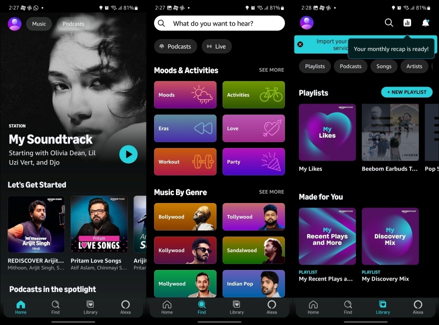 screenshots showing different UI elements inside Amazon Music