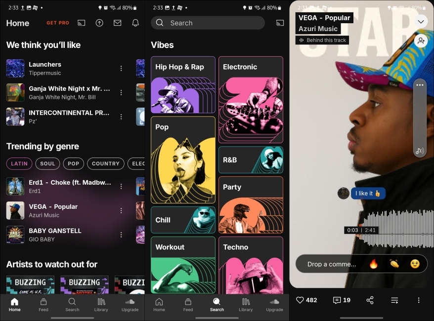 screenshots showing different UI elements inside Soundcloud