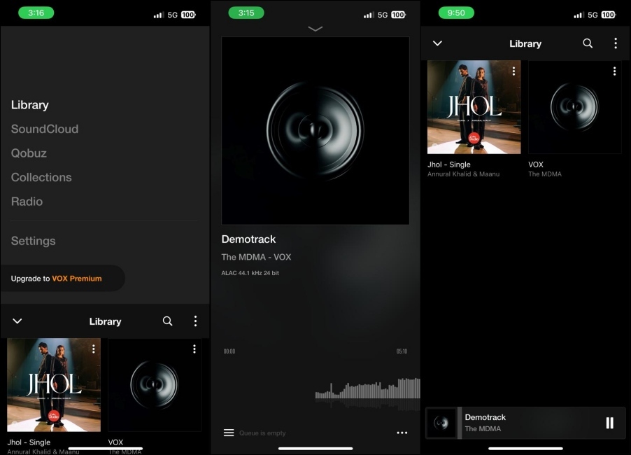 screenshots showing different UI elements inside VOX Music Player