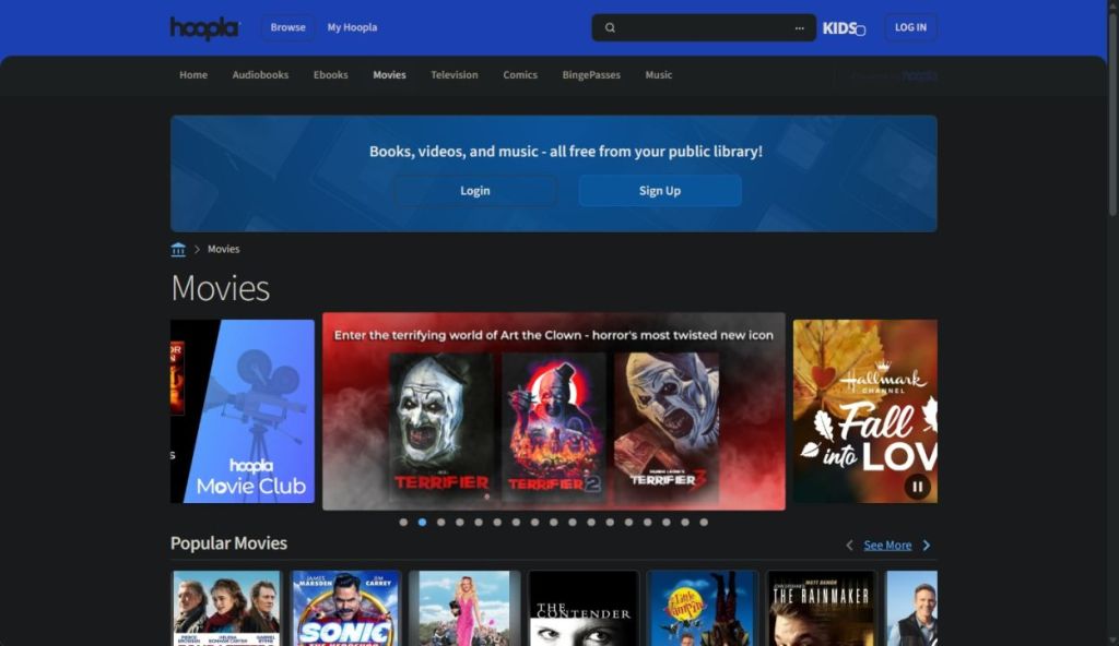 hoopla free movies web UI