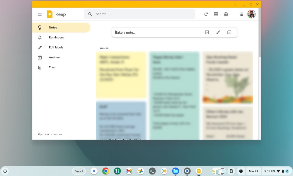 Google Keep web app on Chromebook