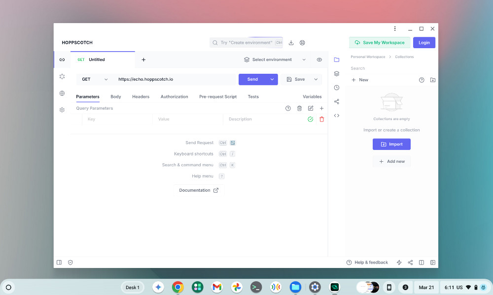 Hoppscotch API testing web app on Chromebook