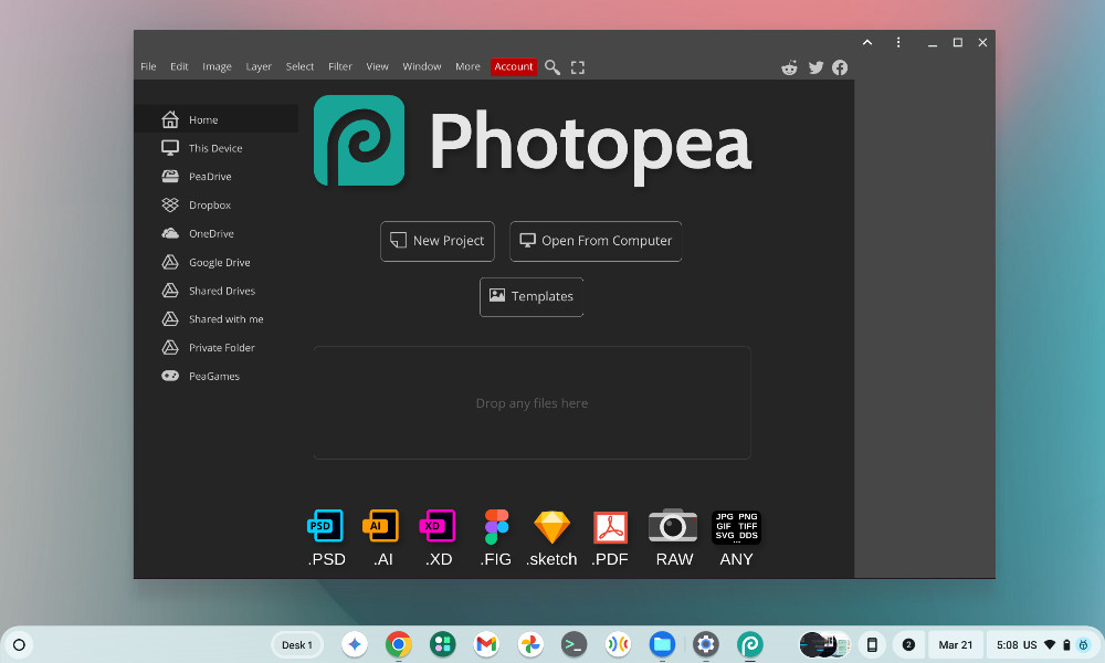 Photopea advanced image editor on Chromebook