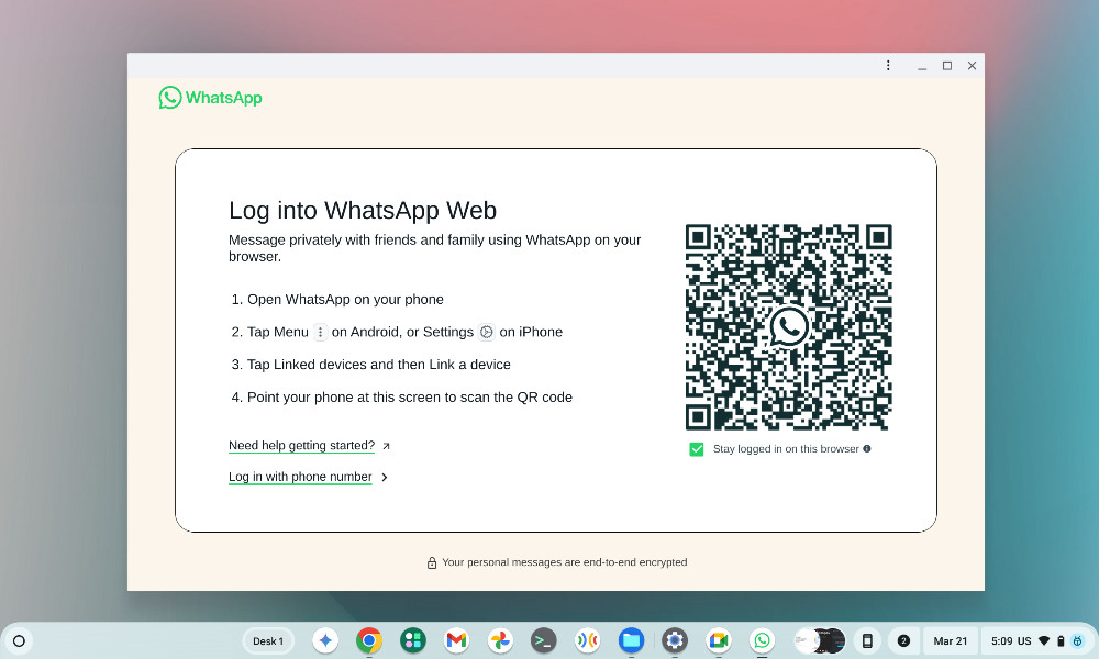 WhatsApp web app running on a chromebook