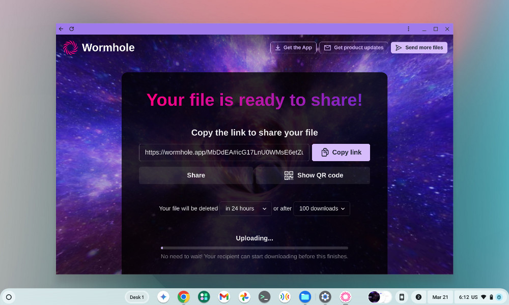 Wormhole file sharing web app running on Chromebook