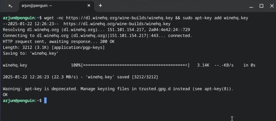 download wine GPG key on chromebook via linux terminal