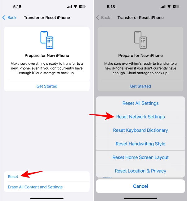 Reset network settings iPhone