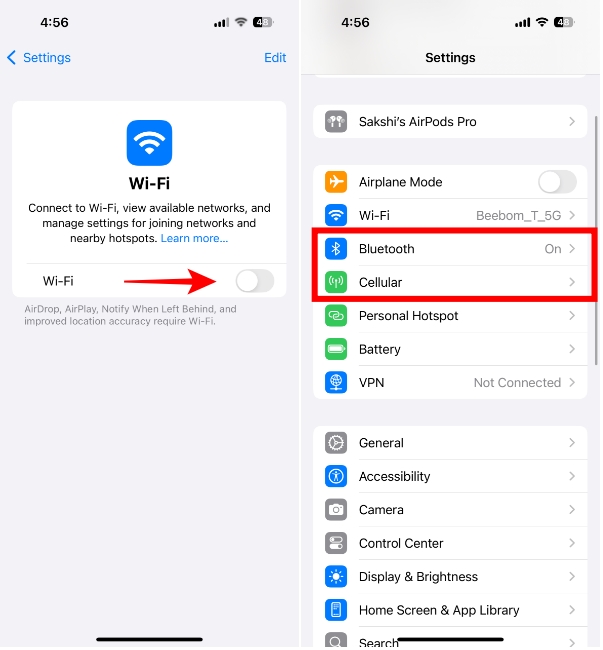 Turn off Wi-Fi, Bluetooth, and Cellular settings