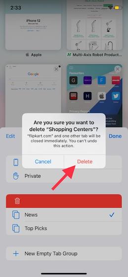 Delete a Safari tab group 
