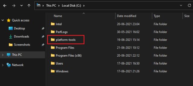 platform tools folder within the C drive