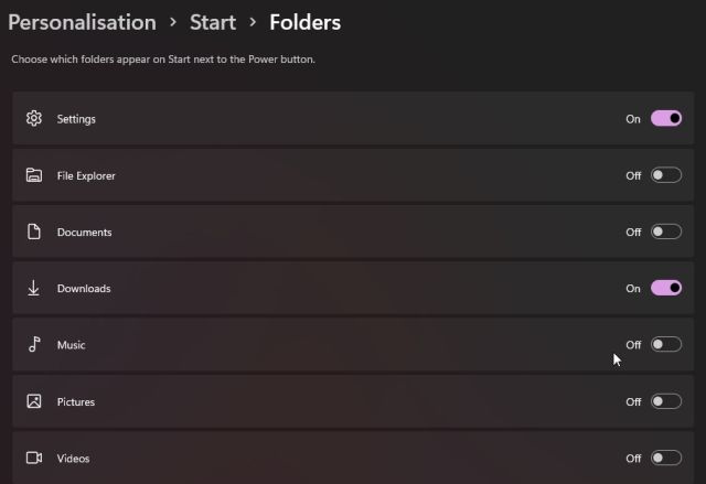 available folder options for windows 11 start menu