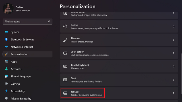 taskbar windows 11 settings app