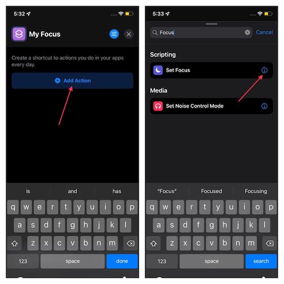 Choose Set Focus in Shortcuts app