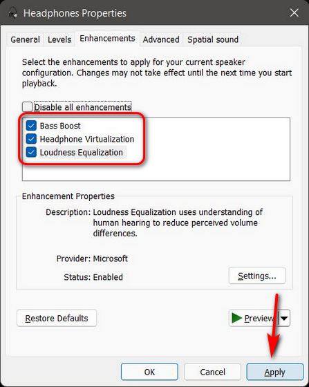 Enable Spatial Sound and Enhance Audio on Windows 11
