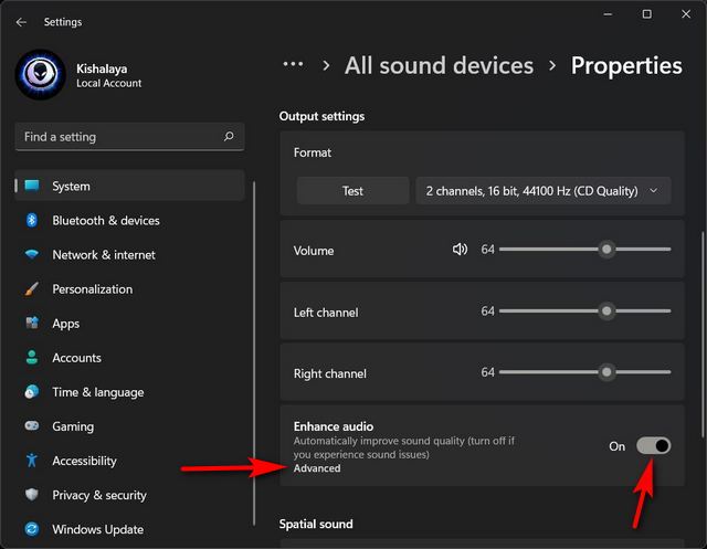 Enable Spatial Sound and Enhance Audio on Windows 11