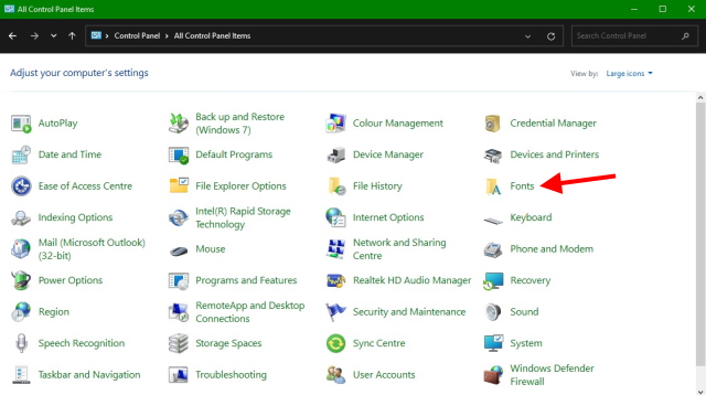 Fonts settings in Control Panel