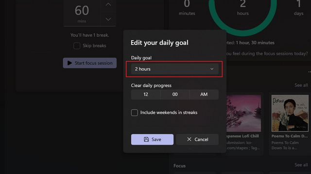 focus sessions change new daily goal hours