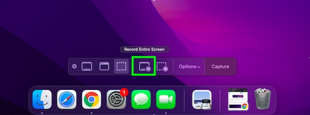 Record entire screen button in QuickTIme Player