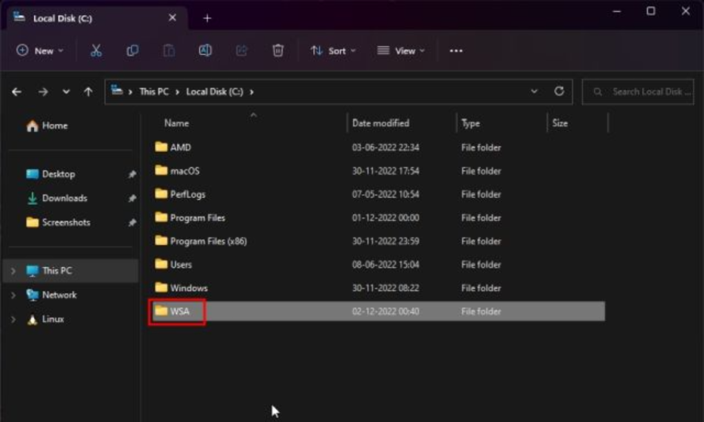 Create a Folder WSA in C drive